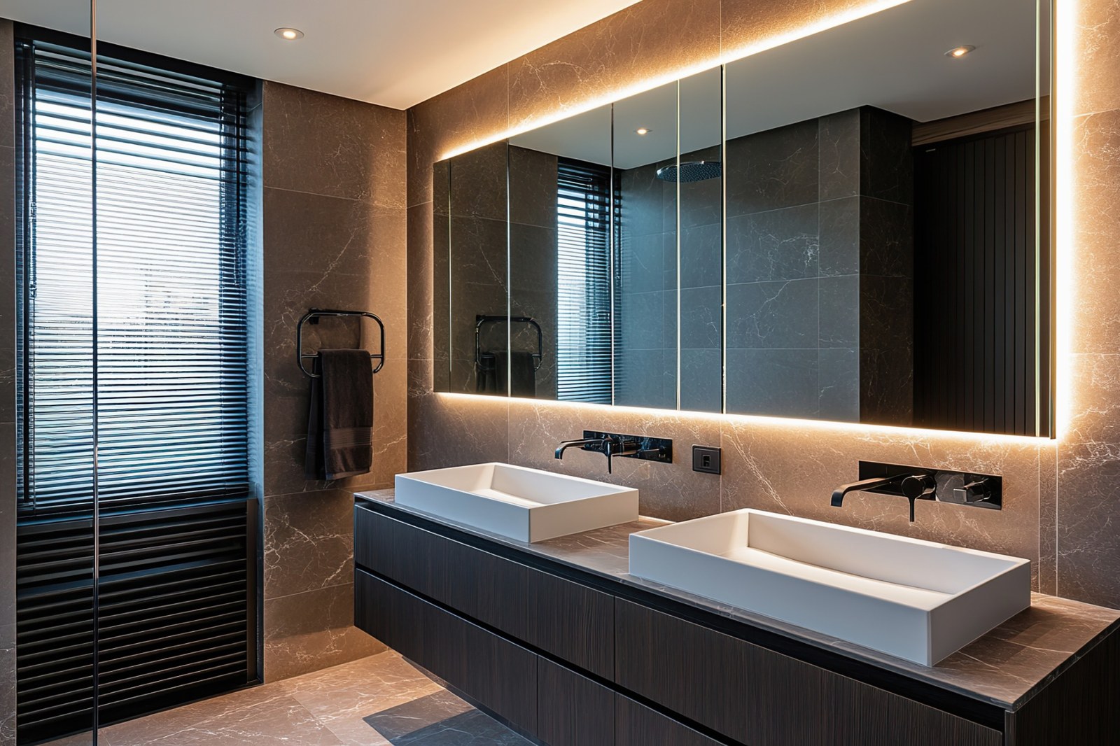 Wide bathroom mirror above a double vanity