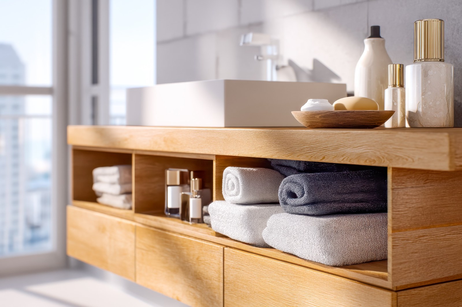 Bathroom vanity with open storage
