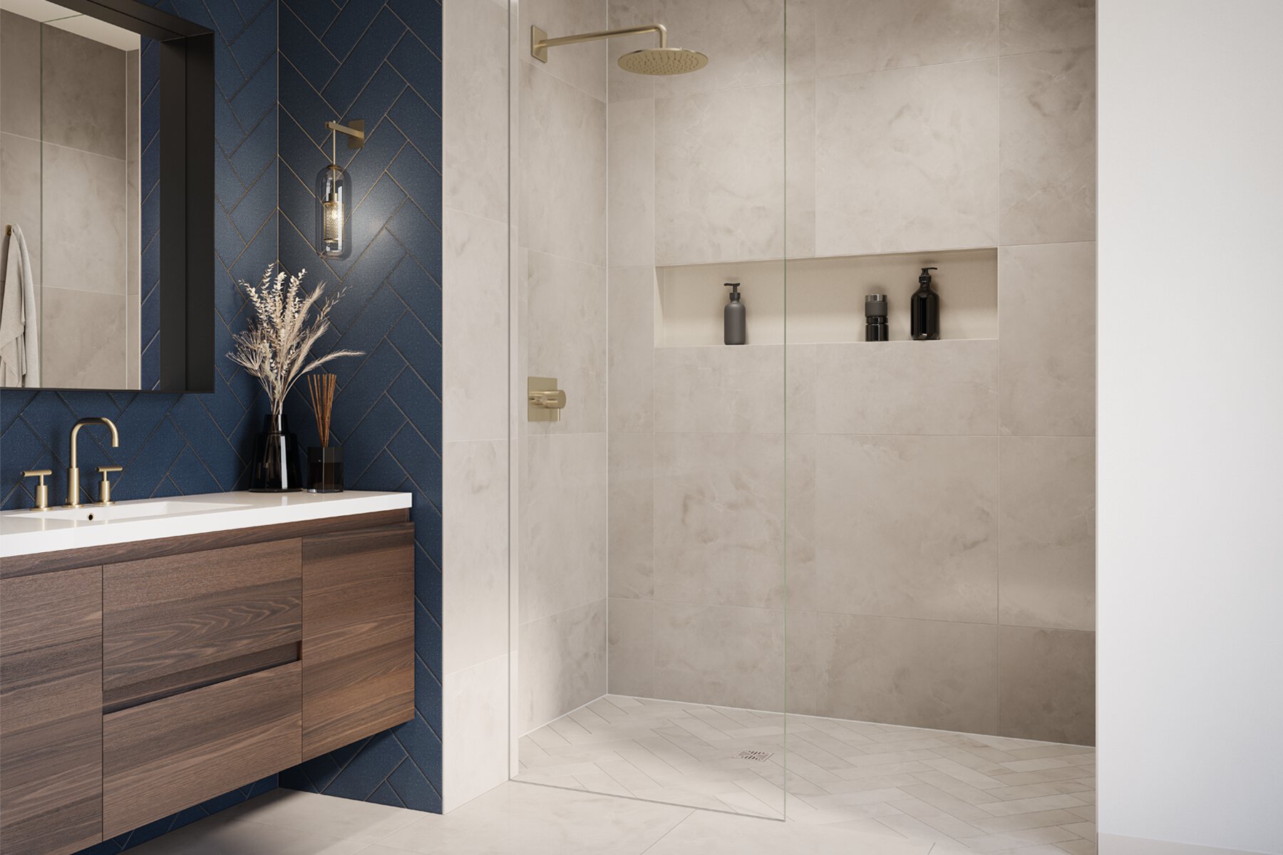 Tiled bathroom in ivory and navy