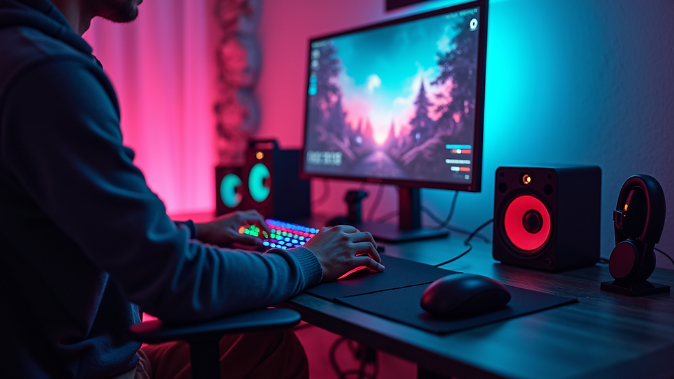 Eye-level view of a gaming setup featuring a vibrant screen and gaming accessories