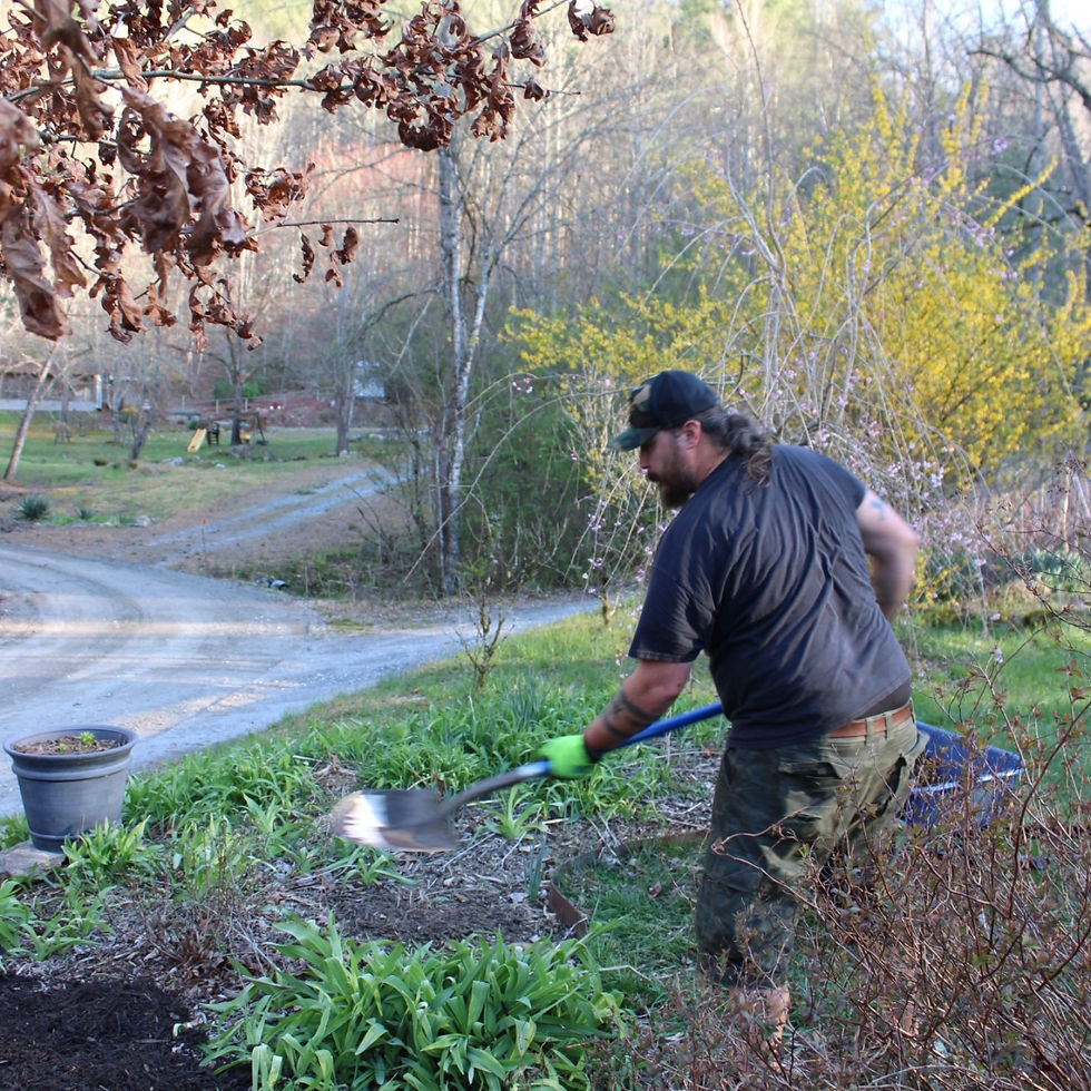 Man mulching with a shovel in a garden. He wears gloves and a cap. Background shows a dirt path, trees, and bushes, creating a serene rural setting.