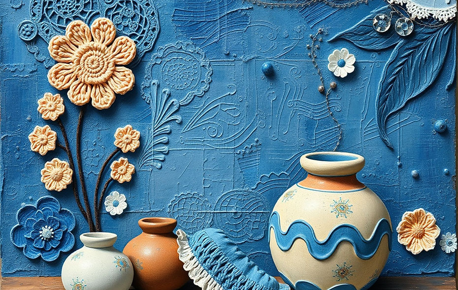 traditional painting , apparel in crochet for girls, ceramic funkey pottery, crochet home