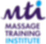 Logo for the Massage Training Institute. The initials MTI are written in a bold, purple cursive font.