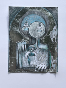 An iconic looking silver portrait of aliens in a window with Silver