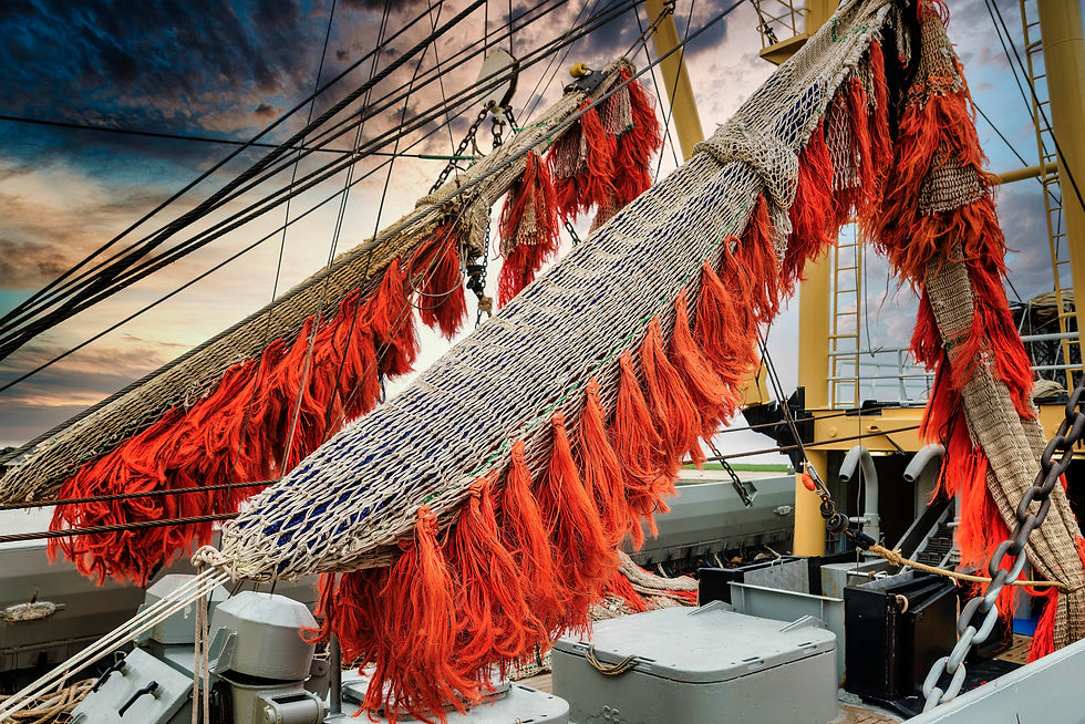 Rot gesäumtes Fischernetz auf einem Schiff vor einem farbenfrohen Abendhimmel. Taue und Masten rahmen die lebendige Struktur des Netzes ein.