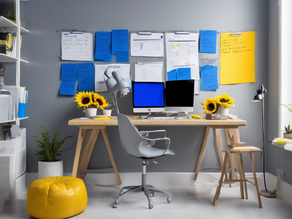 Office with blue white and yellow papers on the wall.