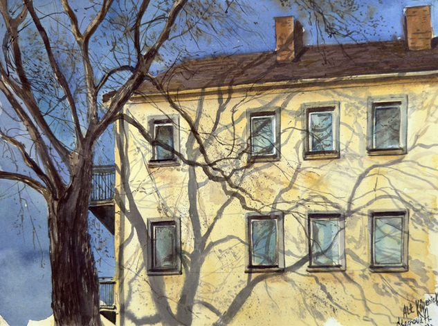 Watercolor painting of a yellow building facade covered by the dramatic shadow of a tree