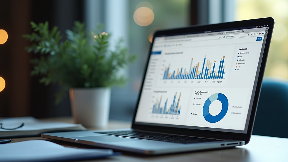 Close-up view of a laptop screen showing bookkeeping software with financial charts