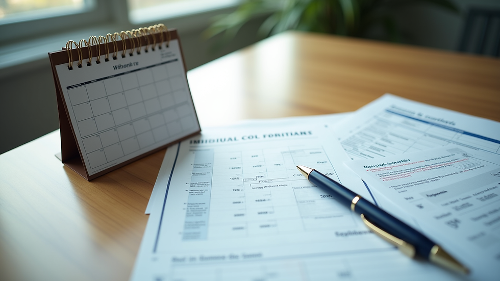 High angle view of a neat desk with a calendar, pen, and financial documents