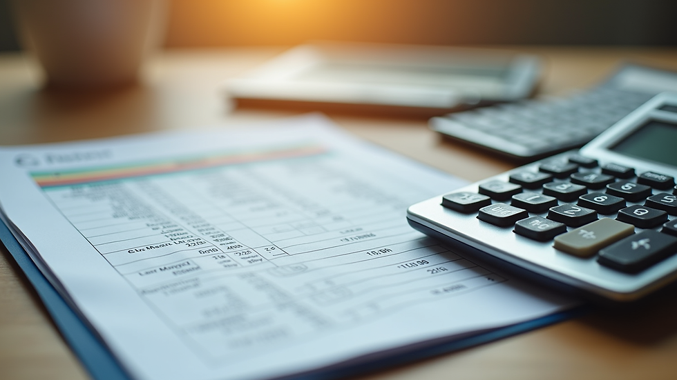 Close-up view of a calculator and financial ledger on a wooden table