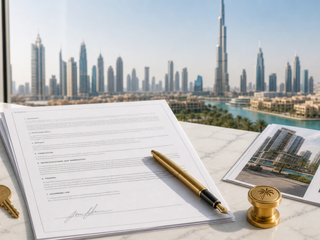 Property purchase documents with pen and keys on marble surface with Dubai skyline in background