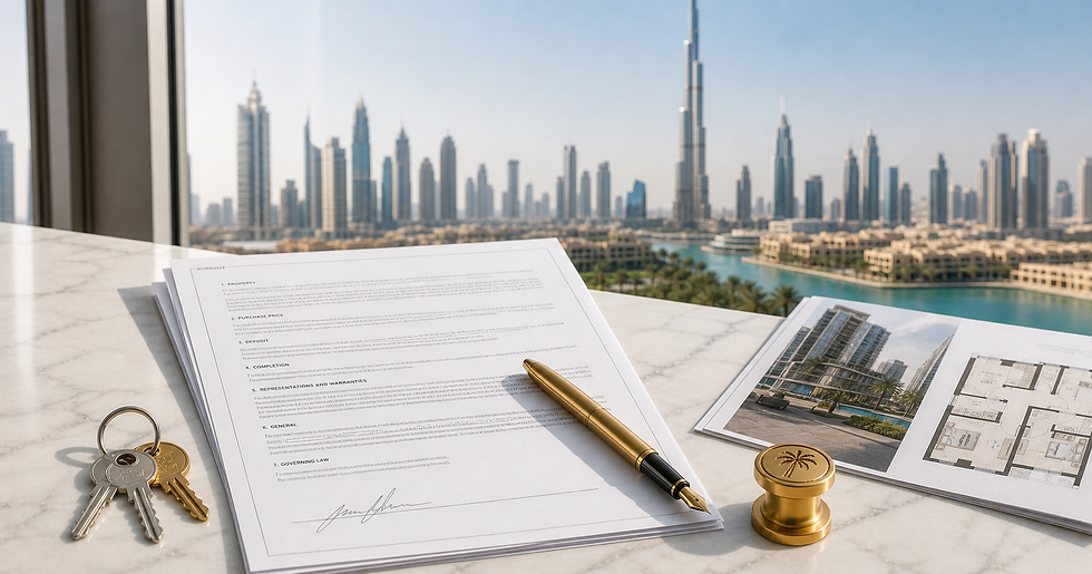 Property purchase documents with pen and keys on marble surface with Dubai skyline in background