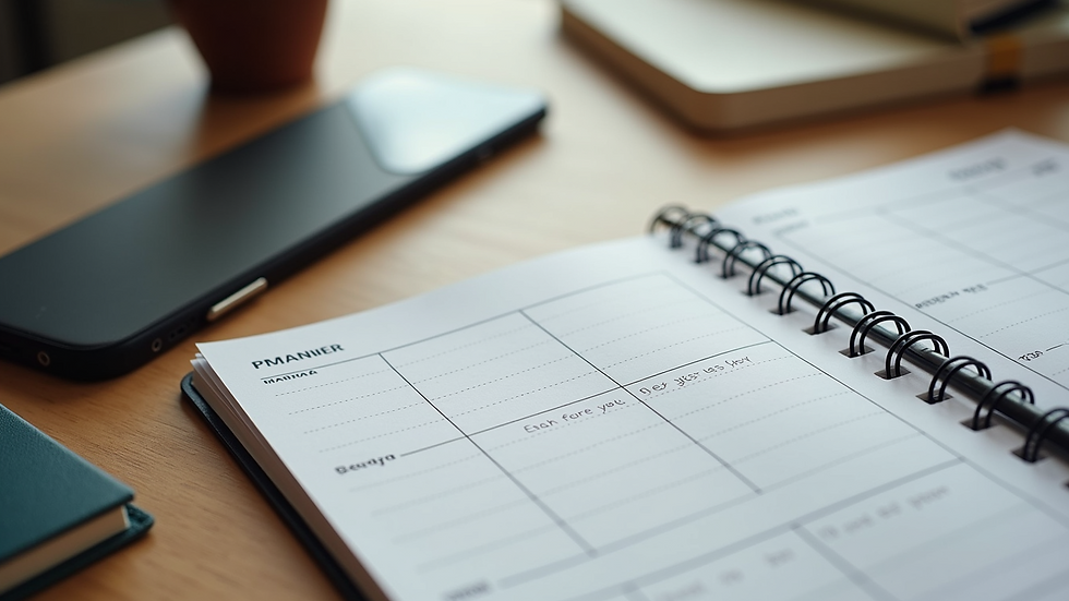 High angle view of a neat desk with a planner and smartphone ready for content planning