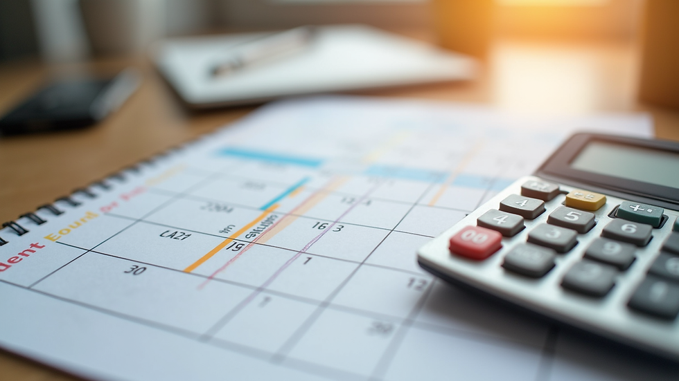 Close-up view of a calendar and calculator on a table, symbolizing budgeting for nanny services