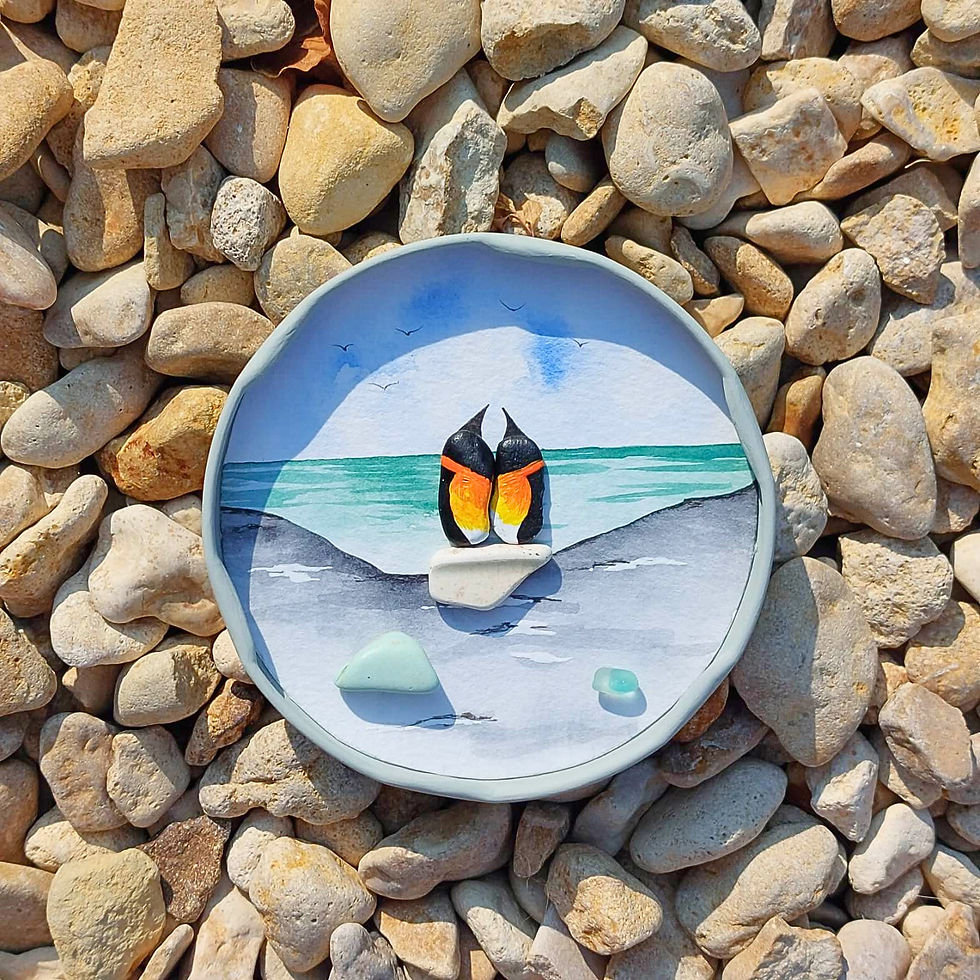 Thumbnail: Handmade coastal penguin fridge magnet with painted sea glass birds, ocean scene and beach treasures. Unique gift.
