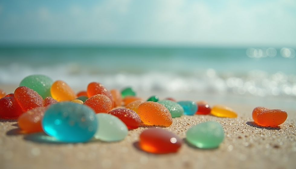 Close up view of colourful sea glass scattered on a sandy beach