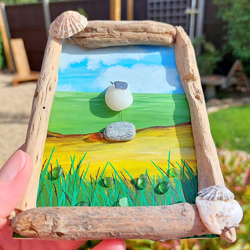 Handmade seagull pebble art featuring a hand-painted bird perched by the sea, framed with natural driftwood