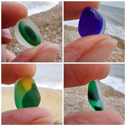 Gallery of 4 images showing multicoloured pieces of sea glass found at Seaham Beach