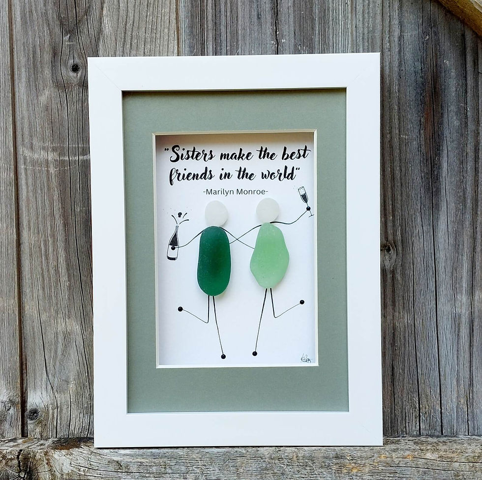 Thumbnail: A framed picture of two characters made from sea glass with their arms around each other, celebrating with champagne.