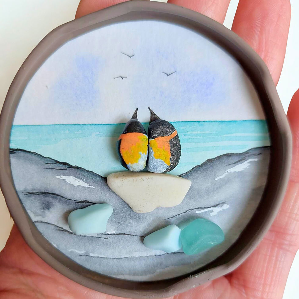 Handmade coastal penguin fridge magnet with painted sea glass birds, ocean scene and beach treasures. Unique gift.