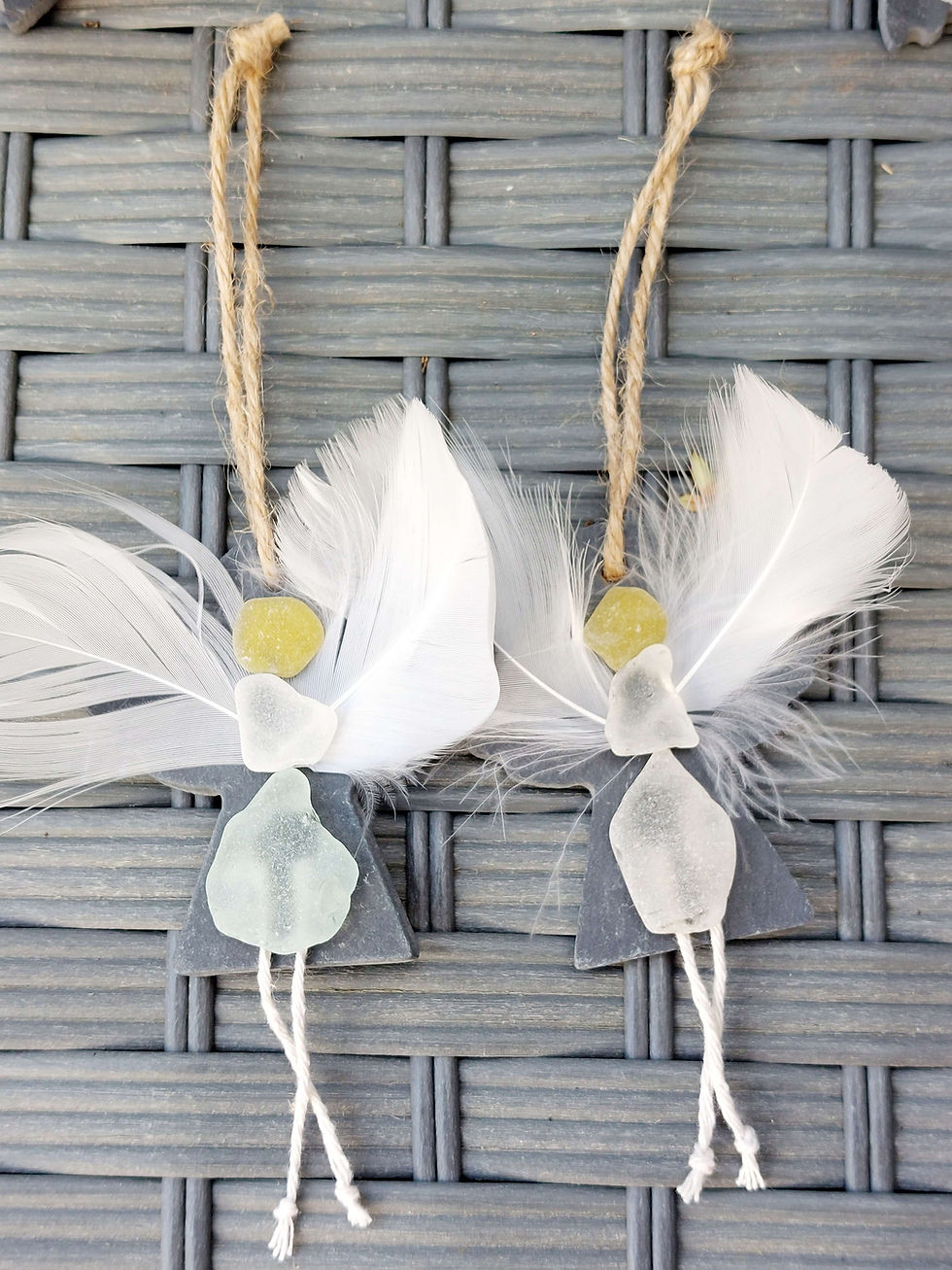 Thumbnail: Christmas tree decorations, shaped like an angel with a body constructed from sea glass and feathers as wings
