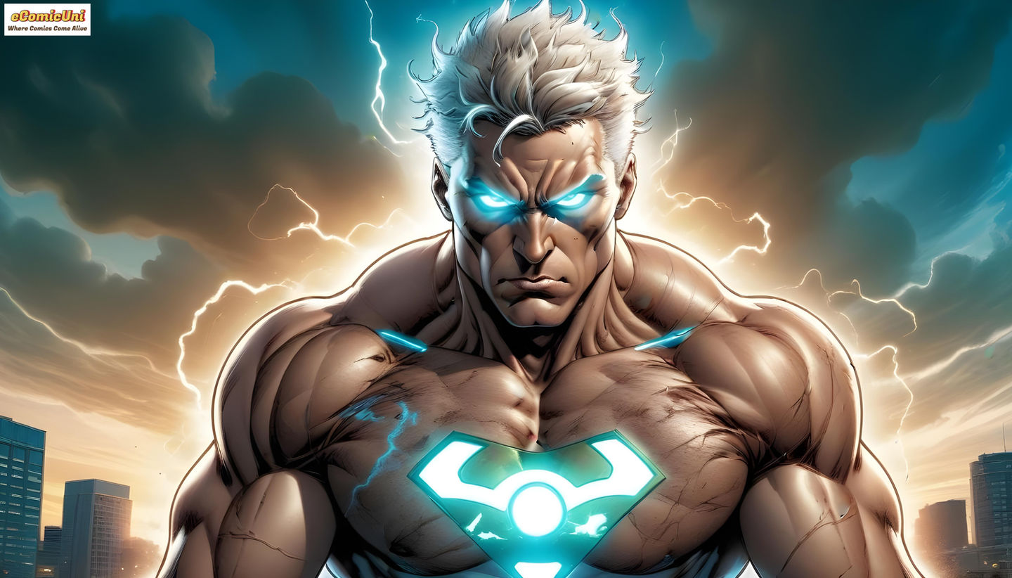 Powerful superhero, glowing eyes, eComicUni logo, city backdrop