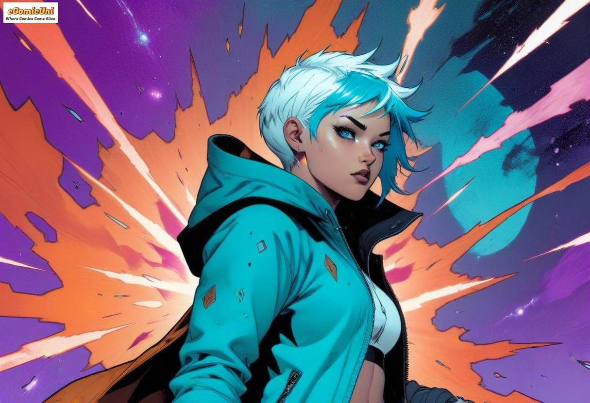 eComicUni: Where Comics Come Alive, a teal-jacketed woman with short blue hair, dynamic background