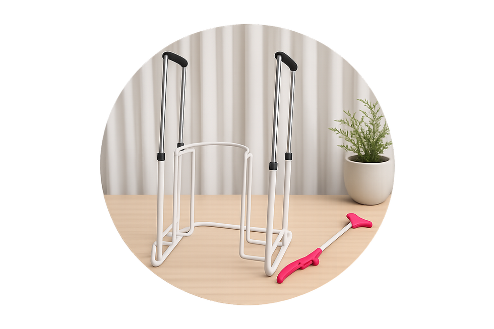 Image of compression stocking donning and doffing aides, "Jobst stocking donner" and "Medi Butler Off". Items are on a light oak table. A small plant is behind product. Light beige curtains are in background.
