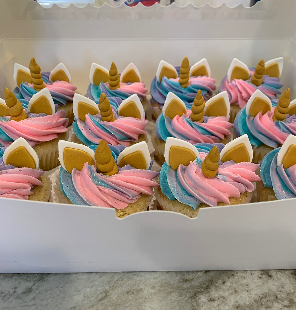 Thumbnail: Unicorn cupcakes in a box with pink and blue frosting, gold horns.