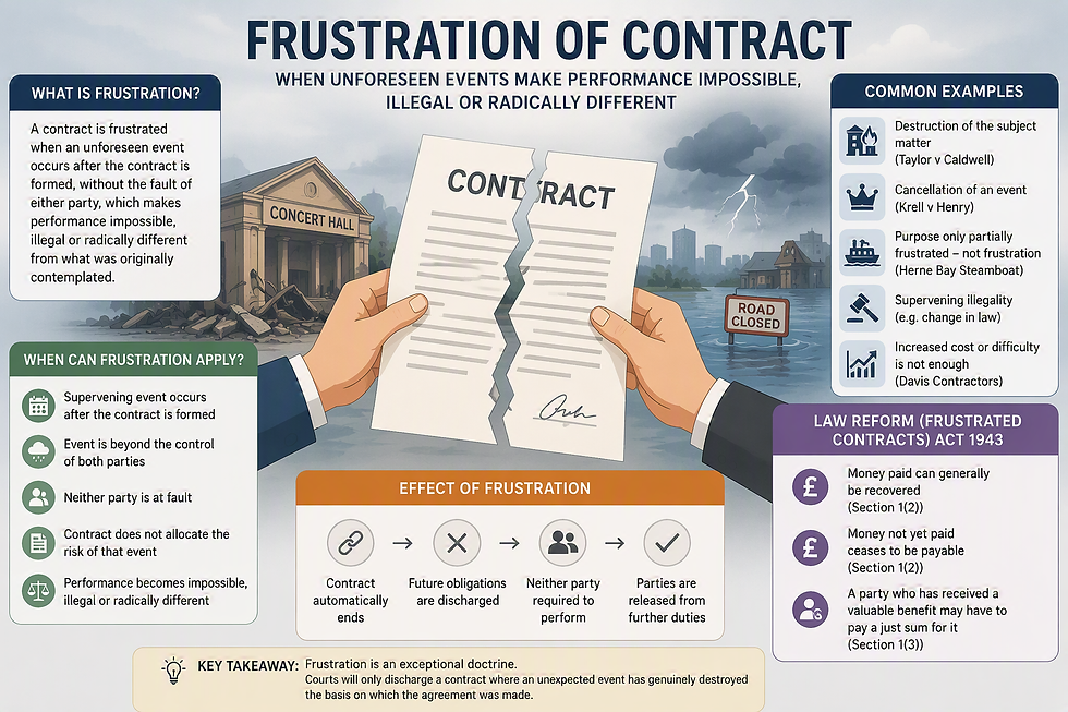 Infographic titled Frustration of Contract shows a torn contract held over a flooded concert hall, with road closed and legal notes.