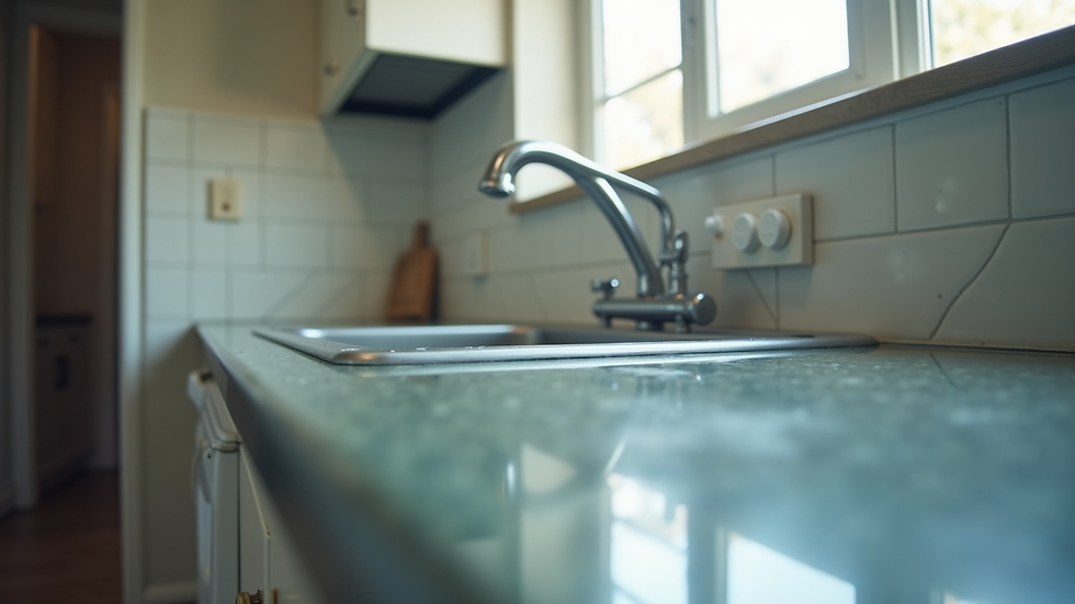 Eye-level view of kitchen sink area with electrical outlets away from water
