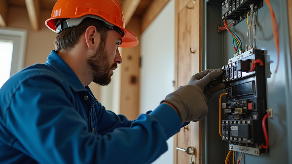 Eye-level view of an electrician inspecting a residential electrical panel