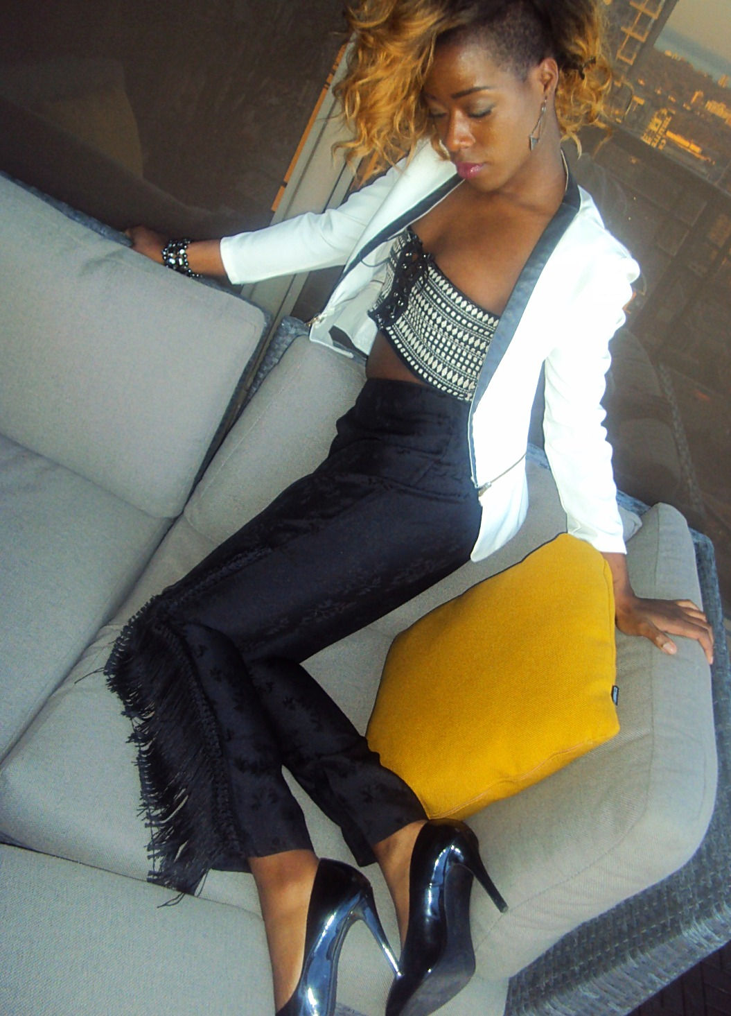 Floral Embossed "Power" cigarette pants