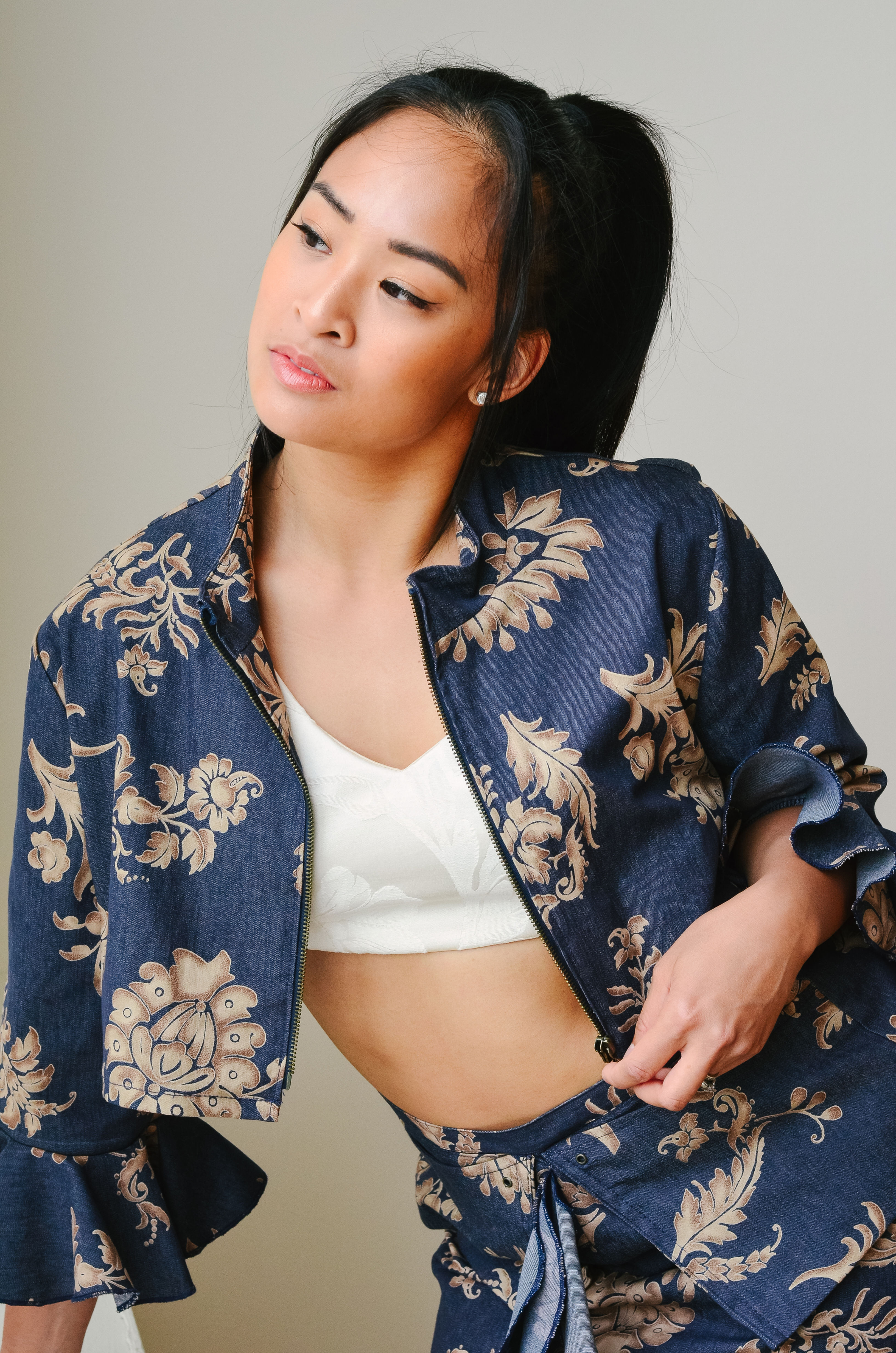 Luxe  Leaf Print Denim Jacket