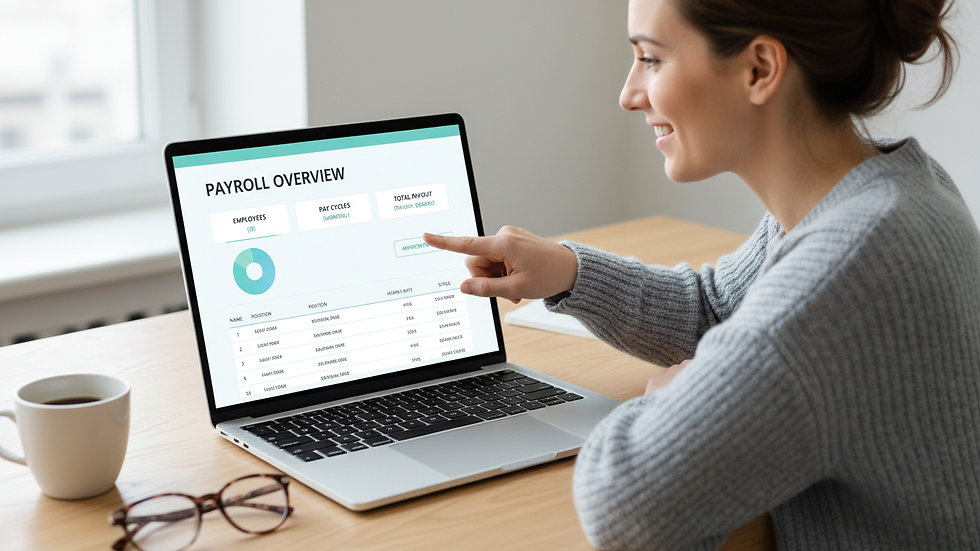 Close-up view of a laptop screen showing payroll software dashboard