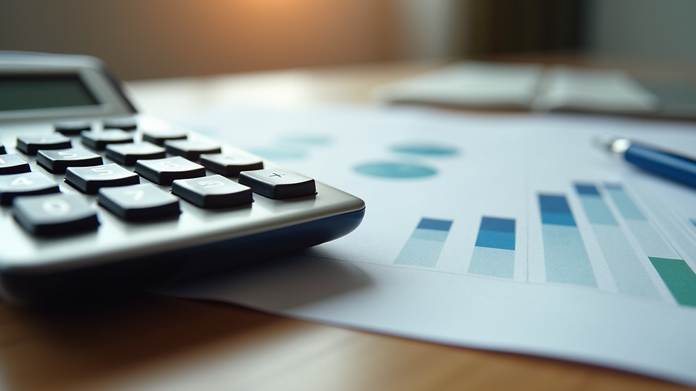 Close-up view of a calculator and financial reports on a wooden desk