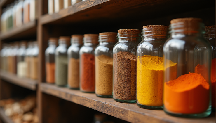 Close-up view of neatly organized bulk Indian spices in airtight containers on shelves