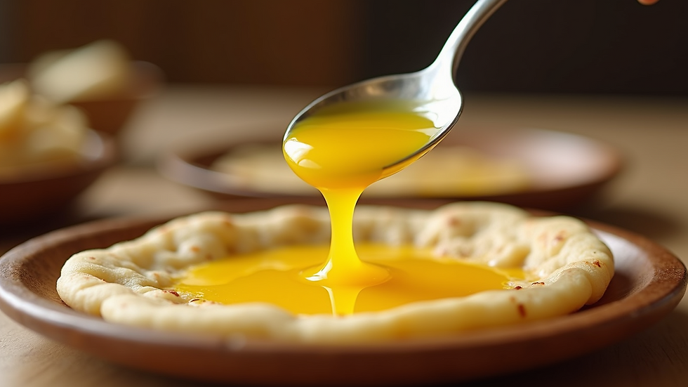 Eye-level view of a spoonful of bilona cow ghee melting on hot chapati