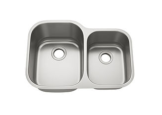 Top view of a 60/40 stainless steel double bowl undermount kitchen sink with rounded corners