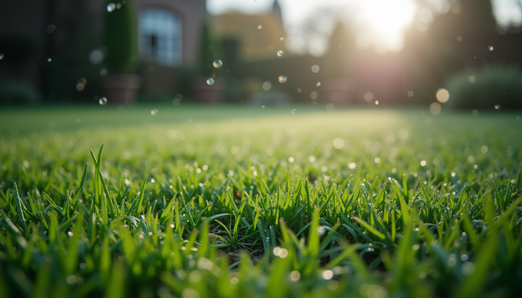 Eye-level view of a wet UK garden lawn with dew-covered grass blades