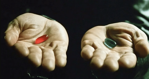 Imagem da pílula vermelha e azul de matrix / Foto: Reprodução/Matrix