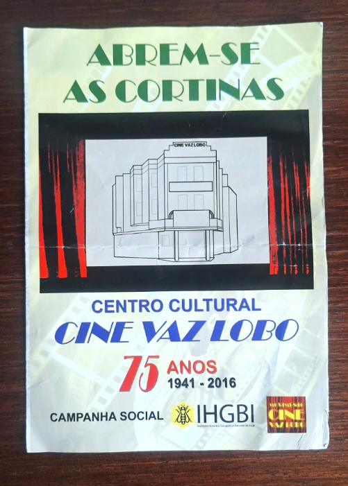 Folder produzido pelo IHGBI no contexto das comemorações dos 75 anos do Cine Vaz Lobo, em 2016. Foto: Leandro Clímaco/Rampas.