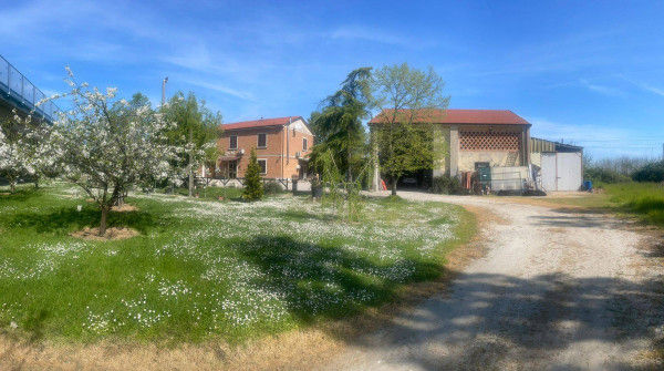 Panoramica esterna di una proprietà rurale con casa, annessi e giardino verde, cielo azzurro, formato orizzontale wide landscape.