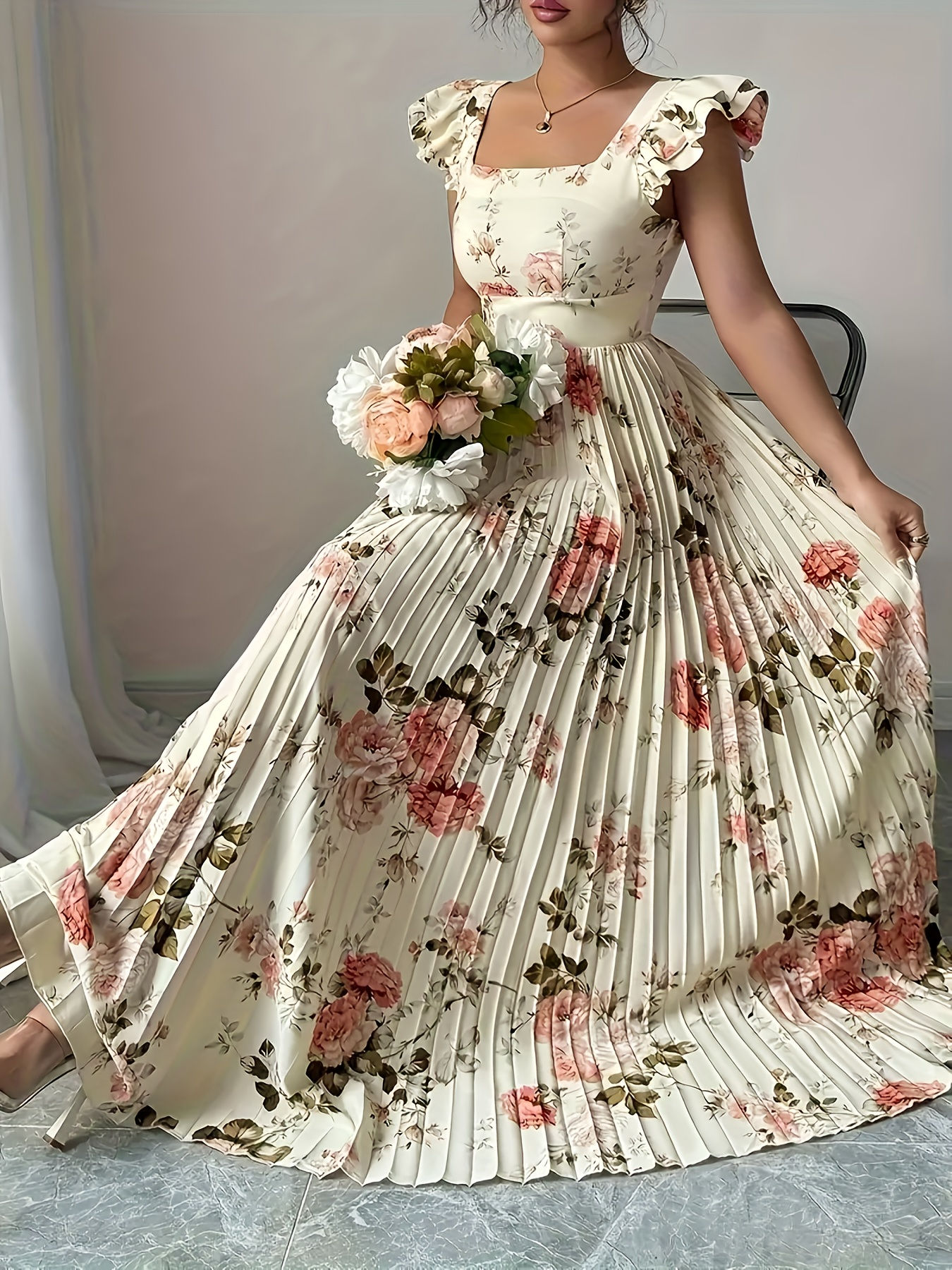 Elegant Beige Floral Pleated Midi Dress with Ruffle Square Neck and Stretch High
