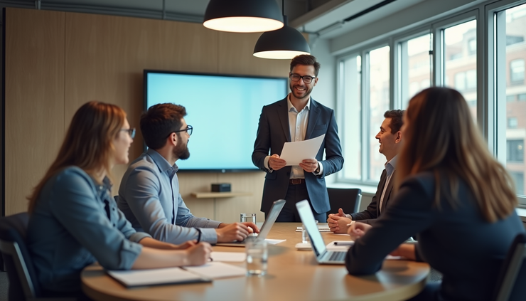 High angle view of a startup team meeting with a full-time HR manager leading discussion