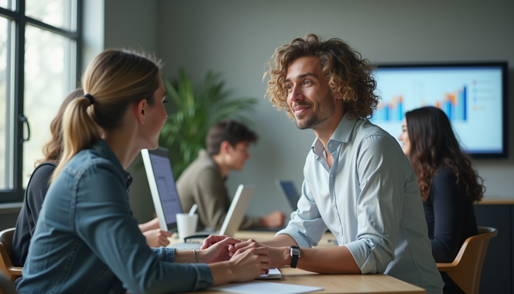 Eye-level view of a startup office with a fractional HR consultant working on a laptop