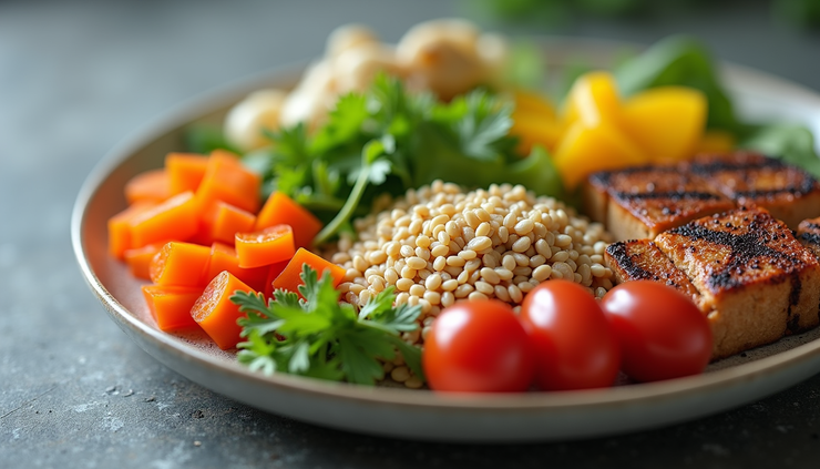 Close-up view of a balanced plate with vegetables, grains, and protein