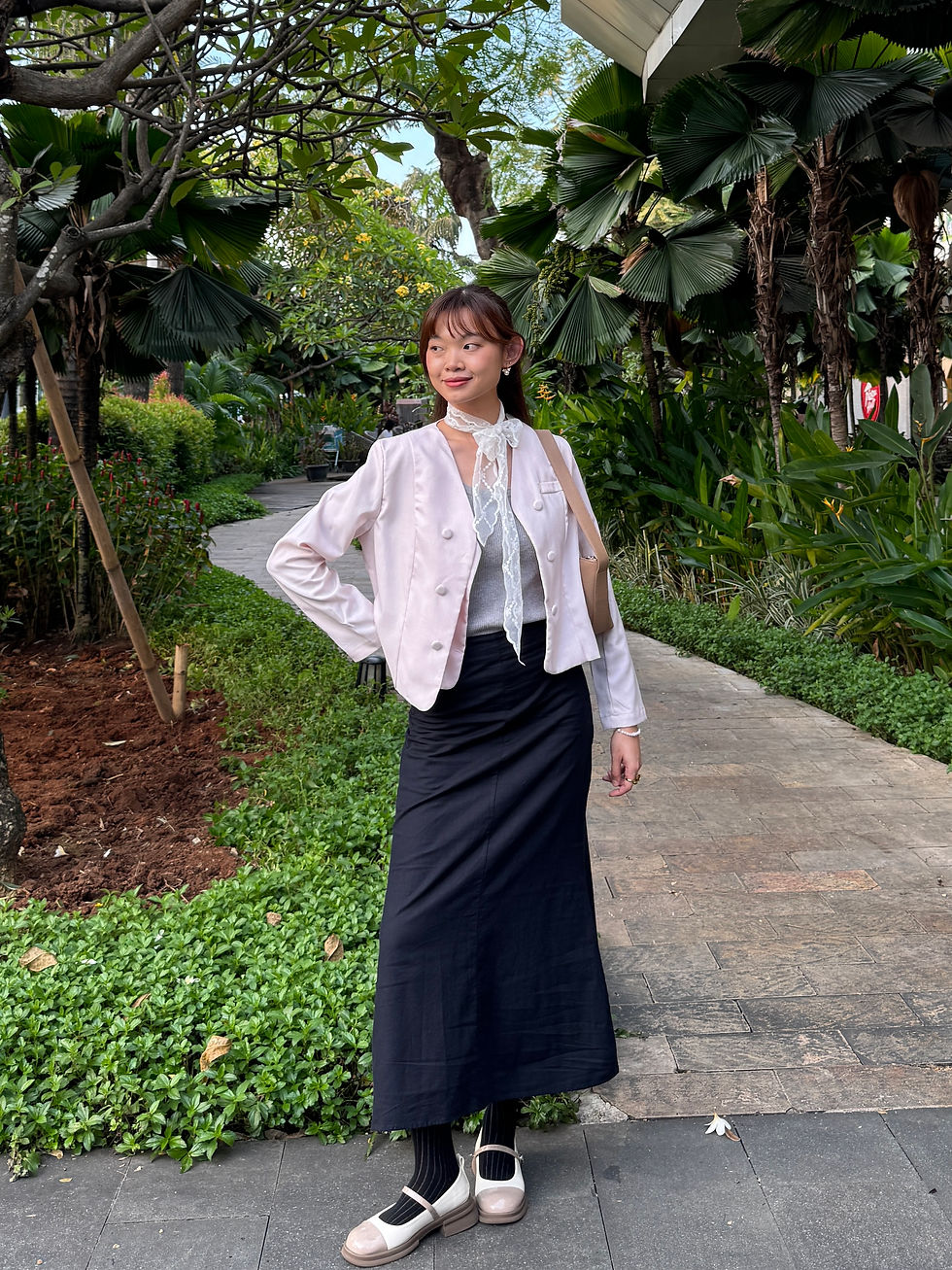 Inner | Blazer | Skirt | Shoes | Socks | Lace twilly | Bag | Earrings