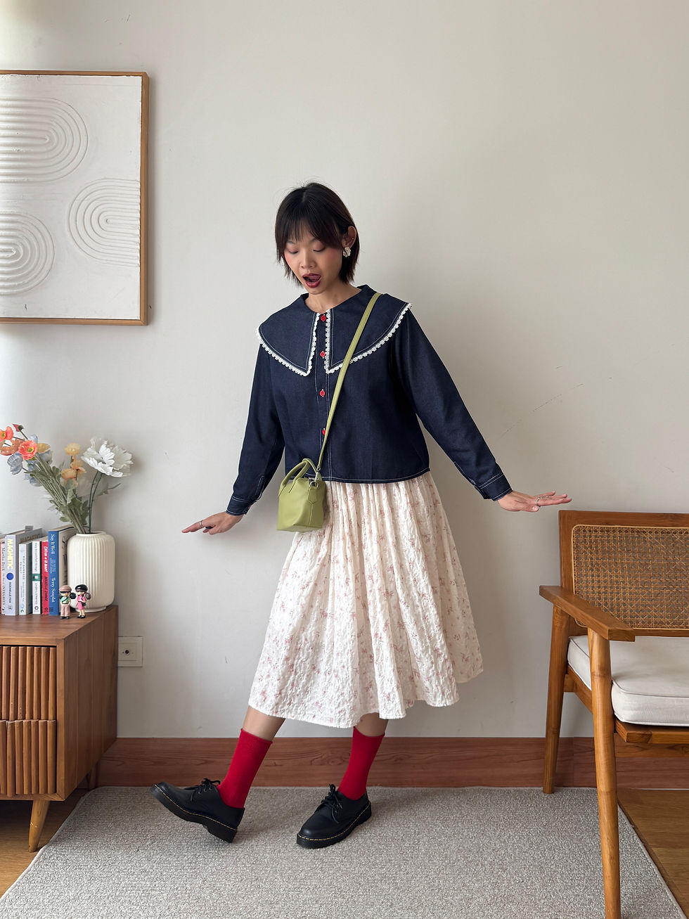 Collar denim blouse | Skirt from Hulm sold (similar) | Socks | Shoes