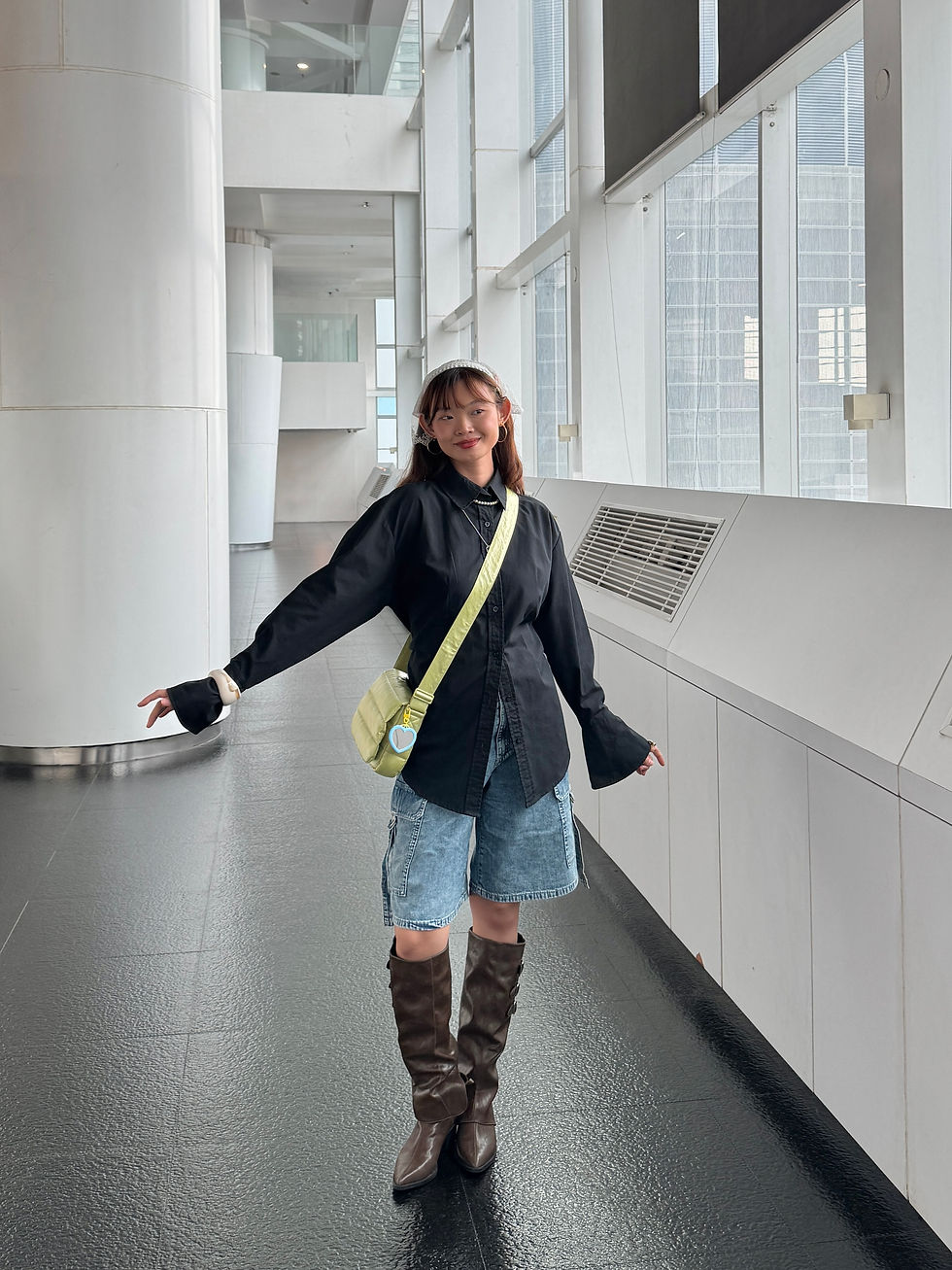 Shirt | Jeans from GU japan (similar jorts) | Boots | Bag from Beyond the Vines | Headband | Bangle